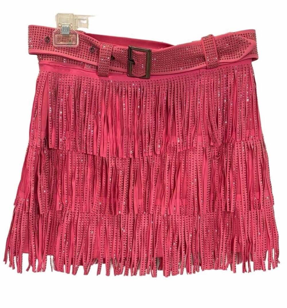 Nylon Apparel Fringe Rhinestone Skirt Fuchsia Pink Glam Cowgirl Rodeo Small